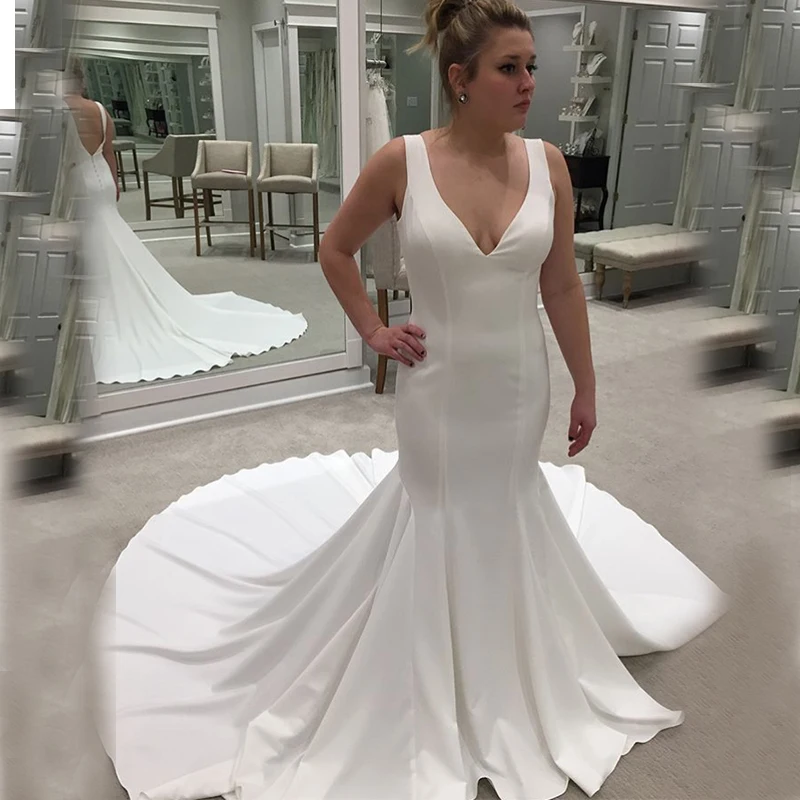 Simple V-neck Sleeveless Satin Wedding Dresses Chapel Train Cheapest Bridal Gowns Mermaid Style White Ivory Wedding Gowns
Simple V-neck Sleeveless Satin Wedding Dresses Chapel Train Cheapest Bridal Gowns Mermaid Style White Ivory Wedding Gowns
