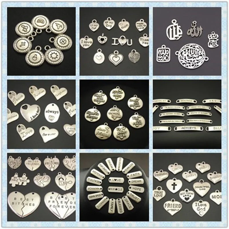 DIY vintage word charms connector MIXED LOT, antique tibetan silver pendant letter plate for bracelet heart round tag charm
DIY vintage word charms connector MIXED LOT, antique tibetan silver pendant letter plate for bracelet heart round tag charm