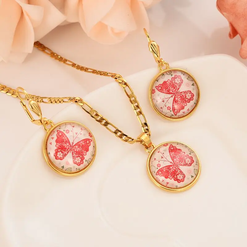 New Guinea party sets Christma Dubai India Solid Fine Gold GF Pendant Necklace earrings Women Pink butterfly Perspective Papua
New Guinea party sets Christma Dubai India Solid Fine Gold GF Pendant Necklace earrings Women Pink butterfly Perspective Papua