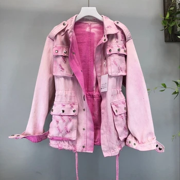 2019 autumn new fashion rivet pink washed hole denim windbreaker jacket loose long women denim jacket 1975
2019 autumn new fashion rivet pink washed hole denim windbreaker jacket loose long women denim jacket 1975
