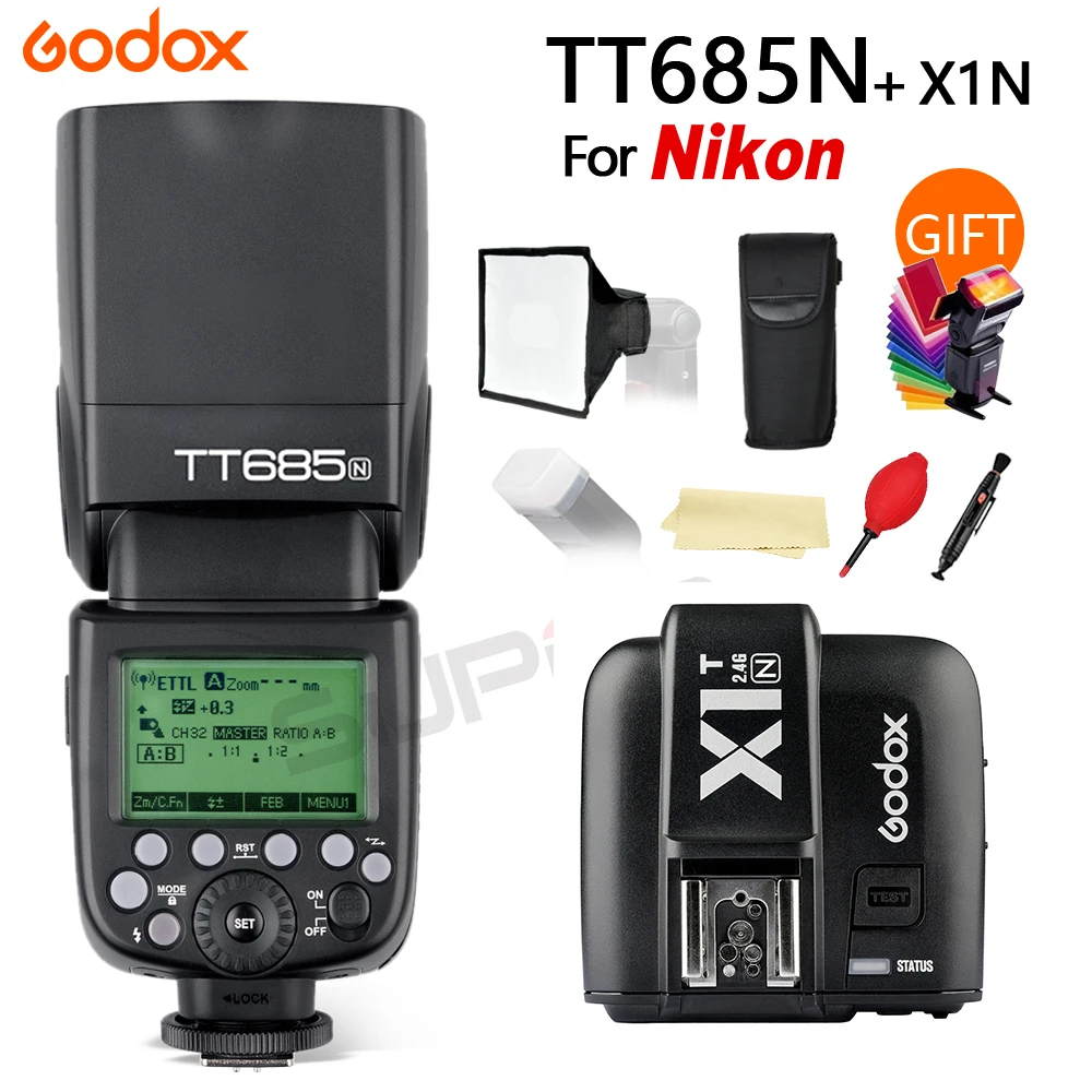 Godox TT685N Wireless Speedlite Flash 2.4G HSS 1/8000s i-TTL GN60 + X1T-N Trigger for Nikon D800 D700 D7100 D5200 D5100 D70S
Godox TT685N Wireless Speedlite Flash 2.4G HSS 1/8000s i-TTL GN60 + X1T-N Trigger for Nikon D800 D700 D7100 D5200 D5100 D70S