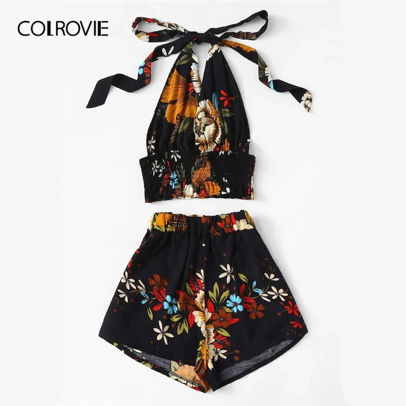 

COLROVIE Plus Size Halter Floral Print Knot Shirred Top With Shorts Boho Two Piece Set 2019 Summer Clothes For Women Outfits