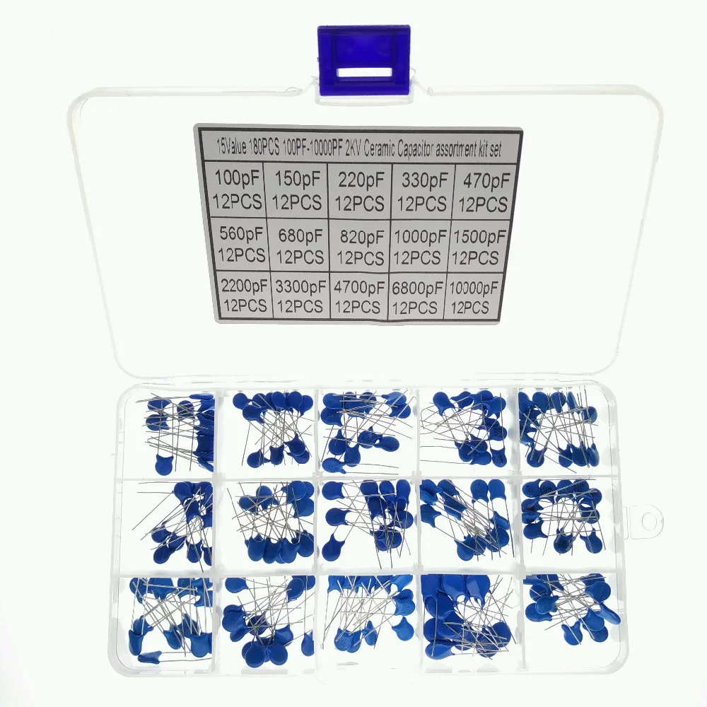 15 Values 180pcs 100pF~10000pF 2200pF 3300pF 4700pF 6800pF 2KV Ceramic Capacitor Assortment Kit Set
15 Values 180pcs 100pF~10000pF 2200pF 3300pF 4700pF 6800pF 2KV Ceramic Capacitor Assortment Kit Set