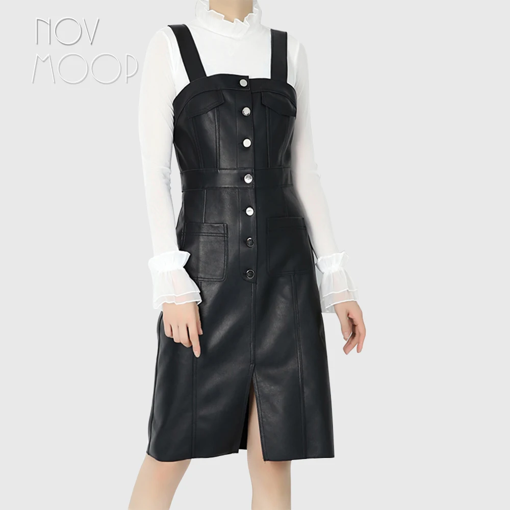 Runway women autumn spring black genuine leather real lambskin high waist strap pinafore dress slim jurken robe LT2615 Free Ship
Runway women autumn spring black genuine leather real lambskin high waist strap pinafore dress slim jurken robe LT2615 Free Ship