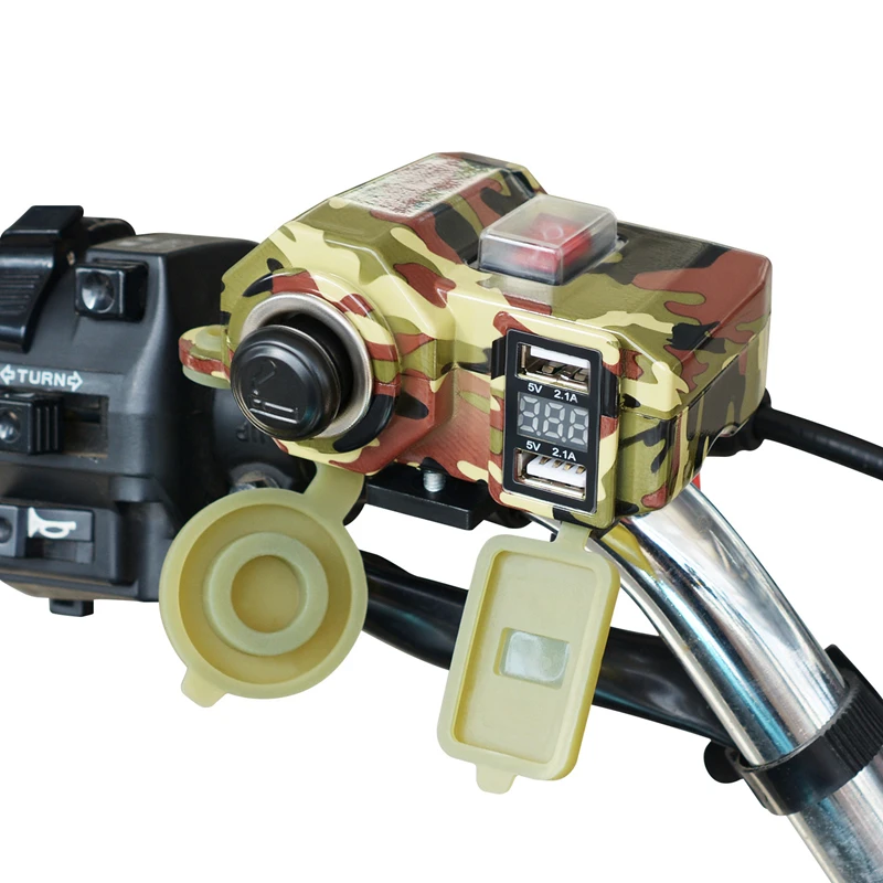 

MotoLovee Dual USB Port 5V/2.1A Charger Socket Camo Waterproof Motorcycle Handlebar Power Adapter Cigarette Lighter Voltmeter