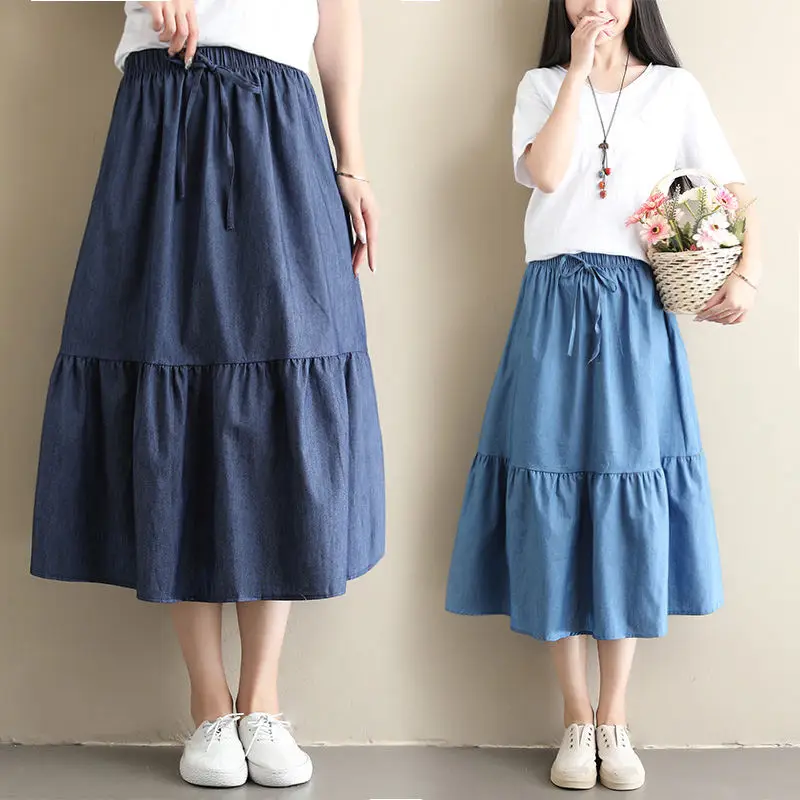 Spring Summer Fashion Women Skirt Vintage Retro Elastic Waist Mid-Calf Skirt Denim Flared Belt Pleated Skirt Saia Femininas
Spring Summer Fashion Women Skirt Vintage Retro Elastic Waist Mid-Calf Skirt Denim Flared Belt Pleated Skirt Saia Femininas