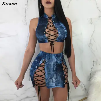 Xnxee Sexy Solid Blue Bandage Two Pieces Skirt Set Summer Sleeveless Lace Up Crop Top + Hot High Waist Mini Skirt Set Xnxee
Xnxee Sexy Solid Blue Bandage Two Pieces Skirt Set Summer Sleeveless Lace Up Crop Top + Hot High Waist Mini Skirt Set Xnxee