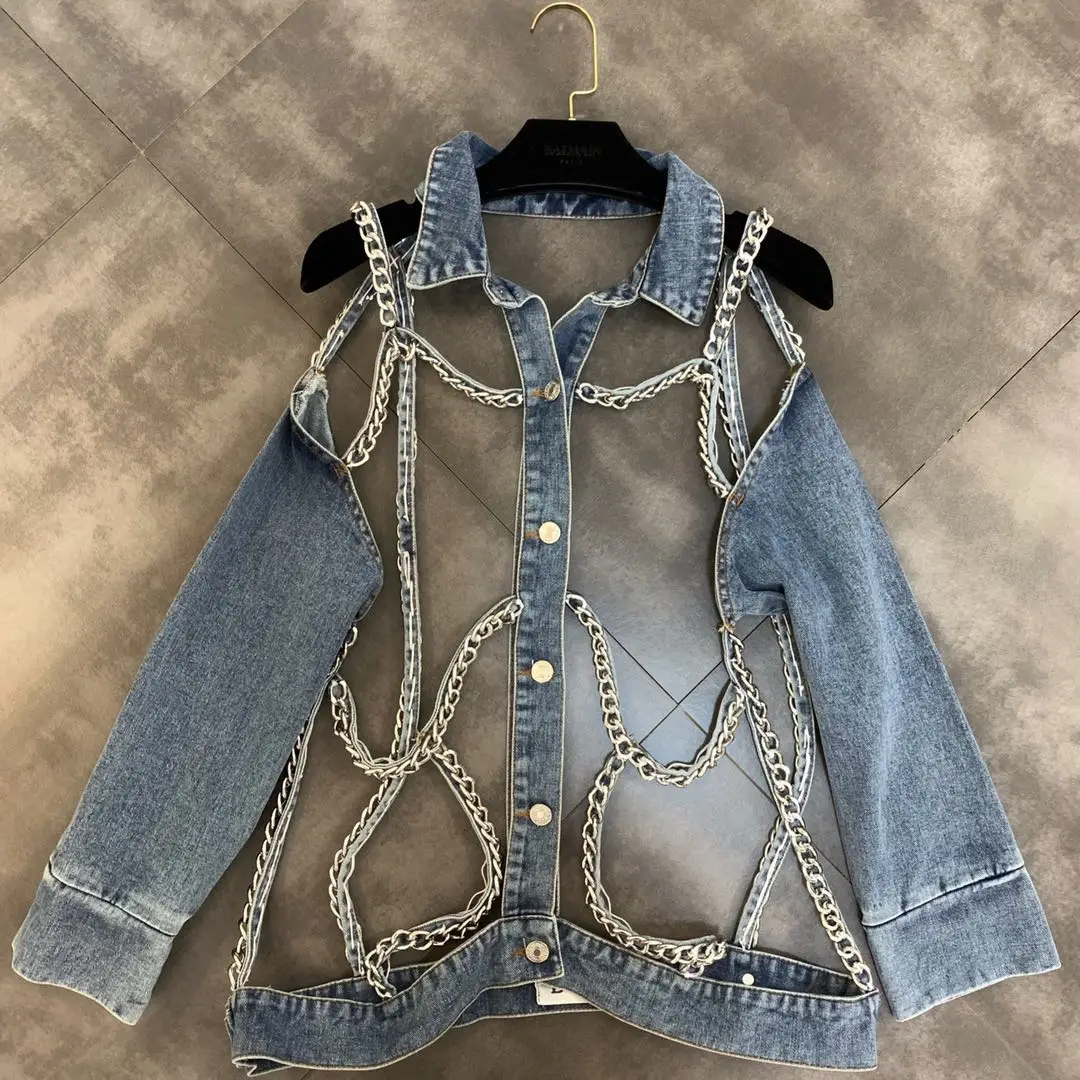 2019 Summer New Lapel Long-sleeved Chain Decoration Hollowed Out Trendy Cowboy Coat Girl Lady Sext Jeans Jacket Women Club Wear
2019 Summer New Lapel Long-sleeved Chain Decoration Hollowed Out Trendy Cowboy Coat Girl Lady Sext Jeans Jacket Women Club Wear