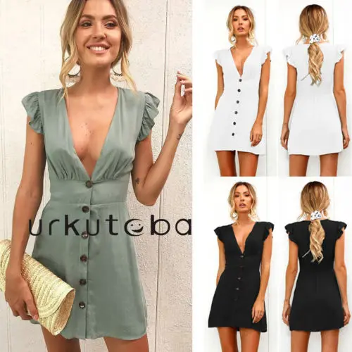 Women Deep V-neck Petal Sleeve Blouse Party Evening Short Mini Dress 
Women Deep V-neck Petal Sleeve Blouse Party Evening Short Mini Dress