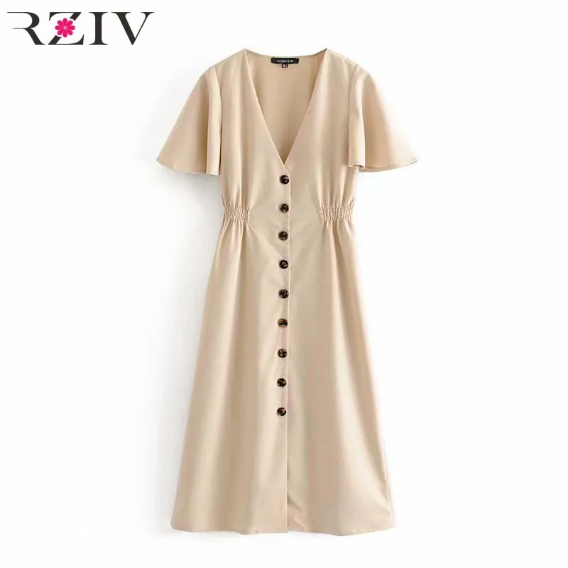 RZIV Female summer solid color dress casual short-sleeved V-neck dress decorative buttons Vestidos
RZIV Female summer solid color dress casual short-sleeved V-neck dress decorative buttons Vestidos