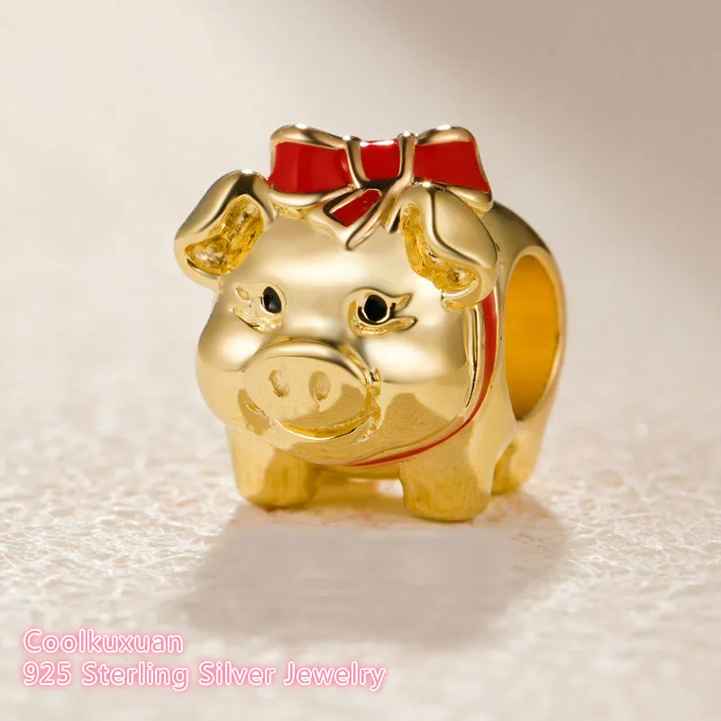 

925 Sterling Silver Gold color Piggy Bank Charm, Black & Red Enamel Fit Original Pandora Charms Bracelet Valentine's Day