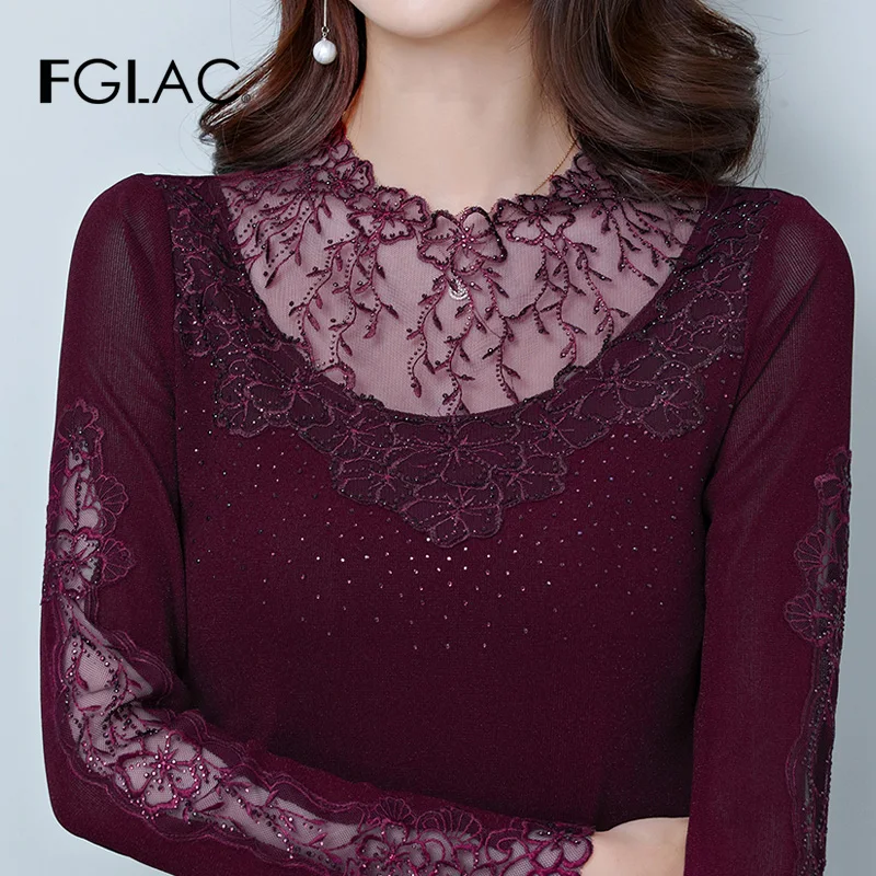 FGLAC Women Spring blouse shirt Elegant Slim Hollow out lace shirt Fashion Sexy Mesh tops plus size Diamonds Patchwork blusas
FGLAC Women Spring blouse shirt Elegant Slim Hollow out lace shirt Fashion Sexy Mesh tops plus size Diamonds Patchwork blusas