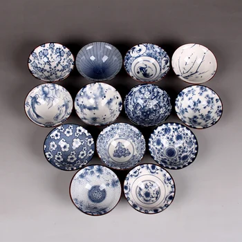 6PCS/Lot 50/60ML Japanese-style Blue and White Porcelain Under Glazed Ceramic Green Tea Cup Vintage Master Sake Hats Teacup Gift