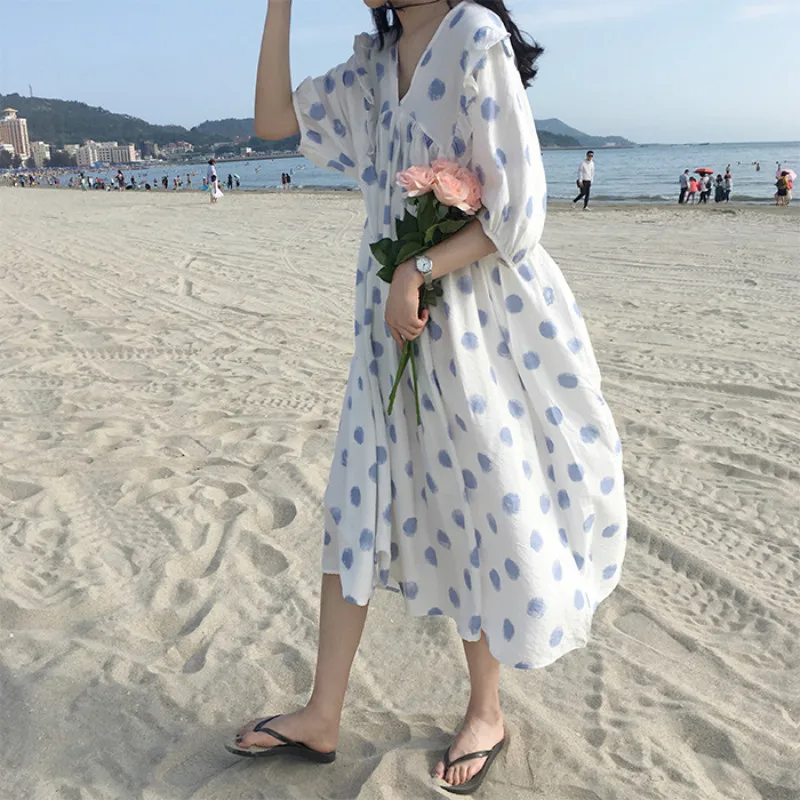 Women Summer Long Big Dot Dress V-neck Ruffle Collar Midi Vestidos Casual Plus Size Robe Femme Sukienki Jurken Vestiti Donna
Women Summer Long Big Dot Dress V-neck Ruffle Collar Midi Vestidos Casual Plus Size Robe Femme Sukienki Jurken Vestiti Donna