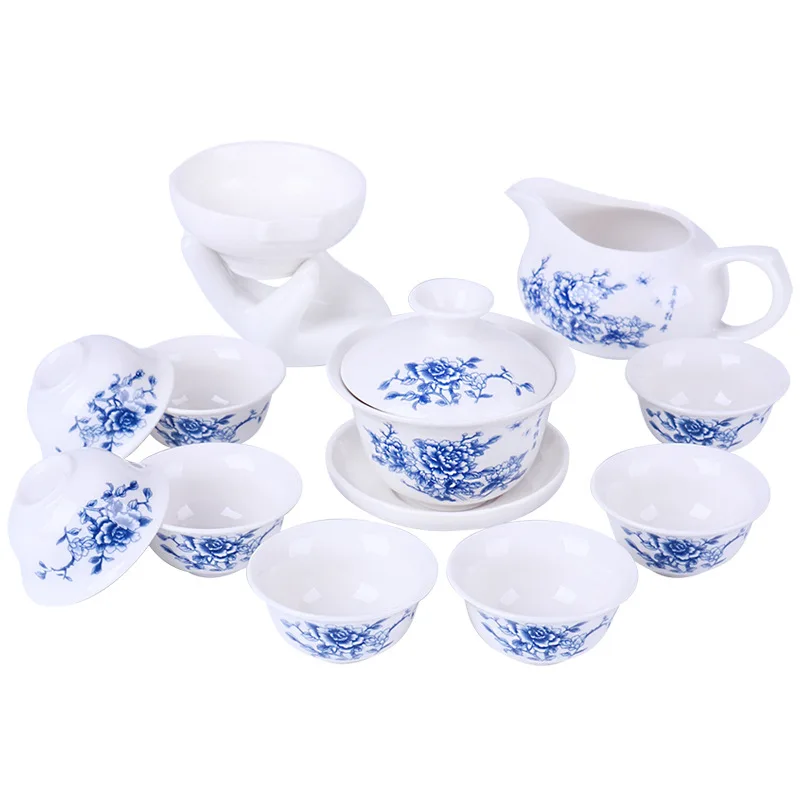 

11pcs Peony Porcelain tea set,ceramic kungfu teapot, gaiwan,Tureen,cup for Black/puer/pu'erh/oolong/dahong/green/white cha tea