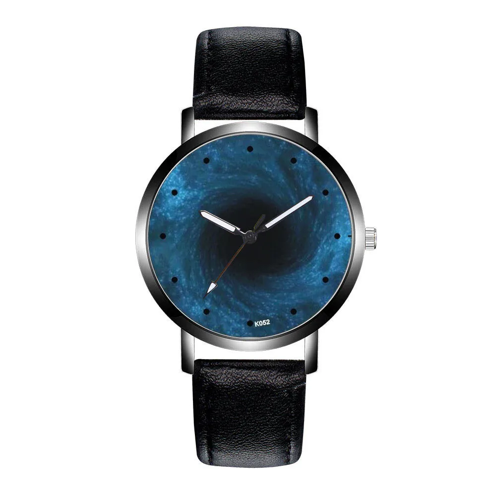 

Men's Stainless Steel Leather Watch 2018 Black Hole Dot Scale Dark Blue Dial Quartz Business Watch relogio feminino A80