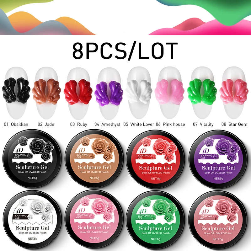 Modelones 8Pcs/Lot 4D Sculpture Gel Set Craved Pattern UV Gel Nail Varnish Semi Permanent Painting Gel Modelling UV Hybrid Gel
Modelones 8Pcs/Lot 4D Sculpture Gel Set Craved Pattern UV Gel Nail Varnish Semi Permanent Painting Gel Modelling UV Hybrid Gel