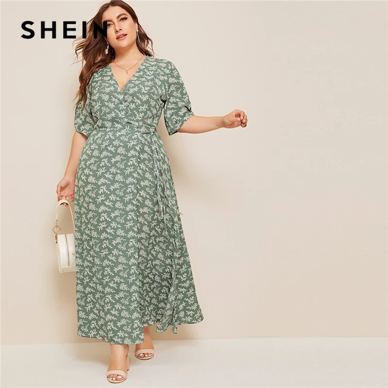 

SHEIN Plus Size Ditsy Floral Knot Side Wrap Maxi Dress Women Summer Autumn Half Sleeve V Neck Fit and Flare Boho Empire Dresses