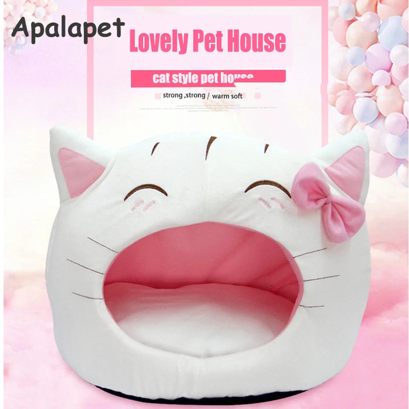 Image Cute Cat Bow House Dog Bed Pet Bed Warm Soft Dogs Kennel Dog House Pet Sleeping Bag Cat Bed Cat House Cama Perro