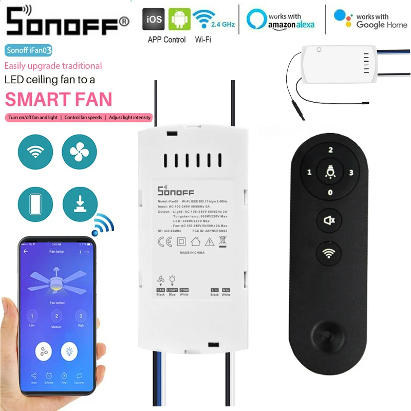 SONOFF IFan03 Wi-Fi Ceiling Fan and Light Controller with 433 RF Remote Control Controller with Alexa Google Home Via Ewelink
SONOFF IFan03 Wi-Fi Ceiling Fan and Light Controller with 433 RF Remote Control Controller with Alexa Google Home Via Ewelink