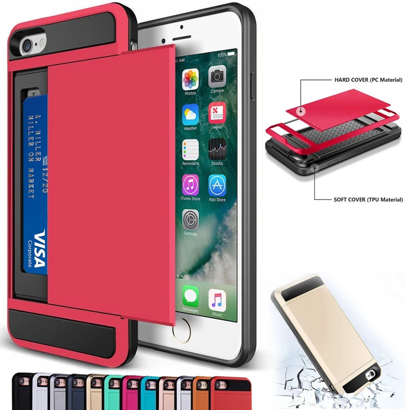 

Luxury Hybrid Tough Card Storage Armor Case For Apple iPhone 4 4S 5 5S 5SE 6 6S 7 8 Plus 6Plus 6SPlus 7Plus 8Plus X Cover