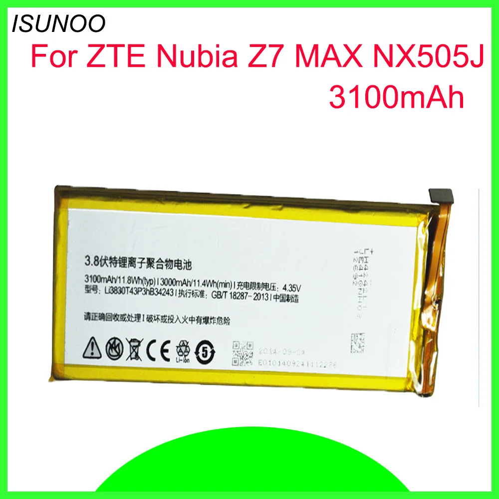 ISUNOO 10pcs/lot LI3830T43P3HB34243 3100mAh Li-Ion Battery for ZTE Nubia Z7 MAX NX505J Batterie Batterij Bateria
ISUNOO 10pcs/lot LI3830T43P3HB34243 3100mAh Li-Ion Battery for ZTE Nubia Z7 MAX NX505J Batterie Batterij Bateria
