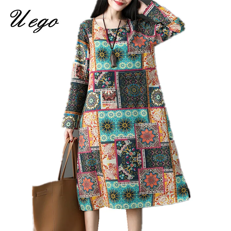 Uego Cotton Linen Long Sleeve Spring Dress Printing Floral Vintage Dress Plus Size Loose Women Casual Midi Dress Female vestidos
Uego Cotton Linen Long Sleeve Spring Dress Printing Floral Vintage Dress Plus Size Loose Women Casual Midi Dress Female vestidos