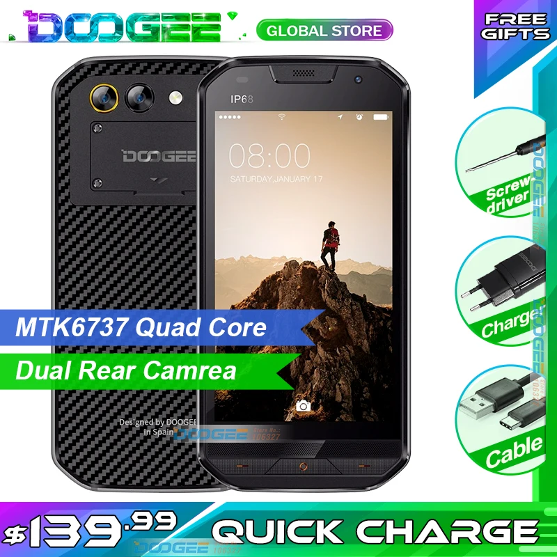 Fast shipping DOOGEE S30 5.0"HD Mobile Phone IP68 Waterproof 5580mAh 2GB 16GB 8MP MTK6737V Android 7.0 Smartphone
Fast shipping DOOGEE S30 5.0"HD Mobile Phone IP68 Waterproof 5580mAh 2GB 16GB 8MP MTK6737V Android 7.0 Smartphone