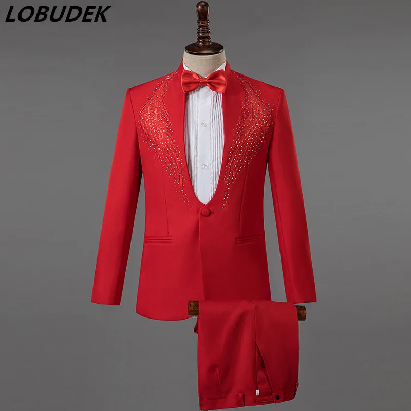 

(Jacket+pants) Men Singer Performance Suits Host Stage Show Set Wedding Party Fashion Embroidery Crystals Blazers Suit Costume