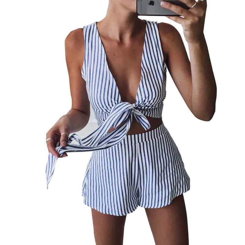 Women Summer Deep V Neck Women's Sets Bow Striped Blue 2 Pieces Set Crop Top And Shorts Elastic Waist Two Piece Set WDC847
Women Summer Deep V Neck Women's Sets Bow Striped Blue 2 Pieces Set Crop Top And Shorts Elastic Waist Two Piece Set WDC847
