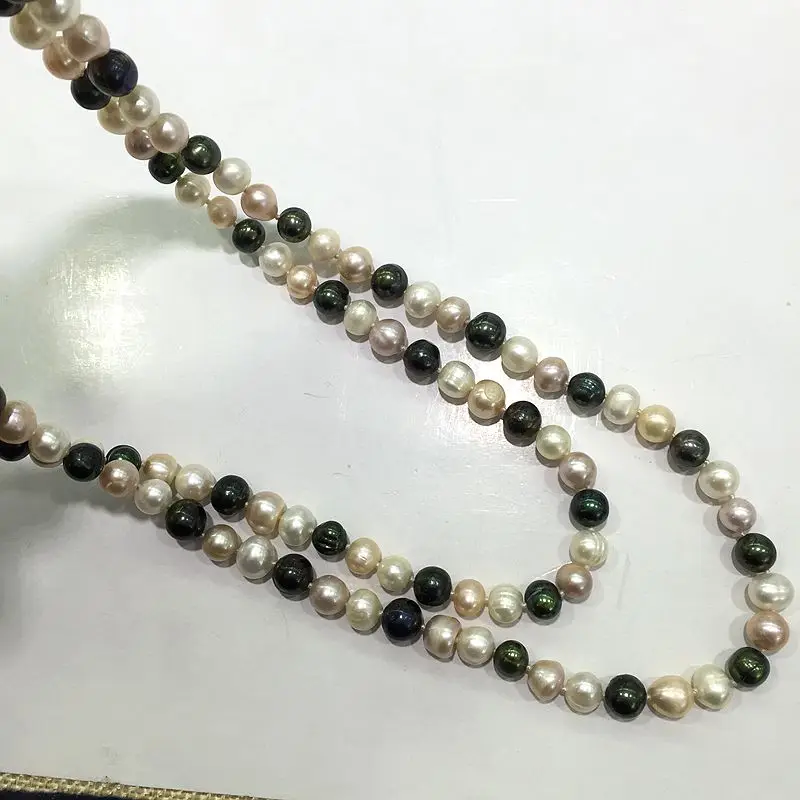 

long necklace style white pink peacock mix color triple natural Cultured freshwater pearls knot rope and twisted for sweater