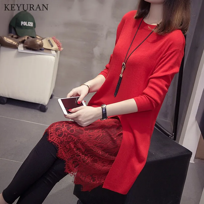 Plus Size 2019 Spring Autumn Women Round Neck Knitted Lace Patchwork Sweater Dress Casual Elegant Long Sleeve Split Dresses 2196
Plus Size 2019 Spring Autumn Women Round Neck Knitted Lace Patchwork Sweater Dress Casual Elegant Long Sleeve Split Dresses 2196