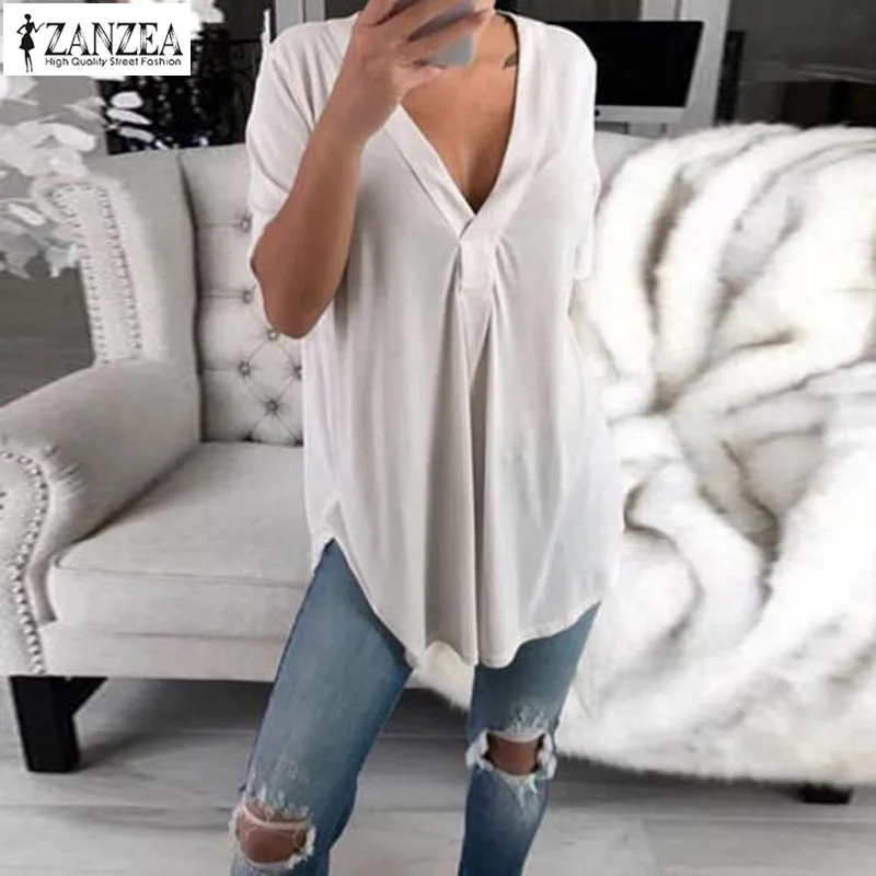 Women's Blusas Oversized Asymmetrical Blouse 2019 ZANZEA Short Sleeve Tee Shirt Sexy V Neck Summer Tunic Solid Woman Chemise
Women's Blusas Oversized Asymmetrical Blouse 2019 ZANZEA Short Sleeve Tee Shirt Sexy V Neck Summer Tunic Solid Woman Chemise