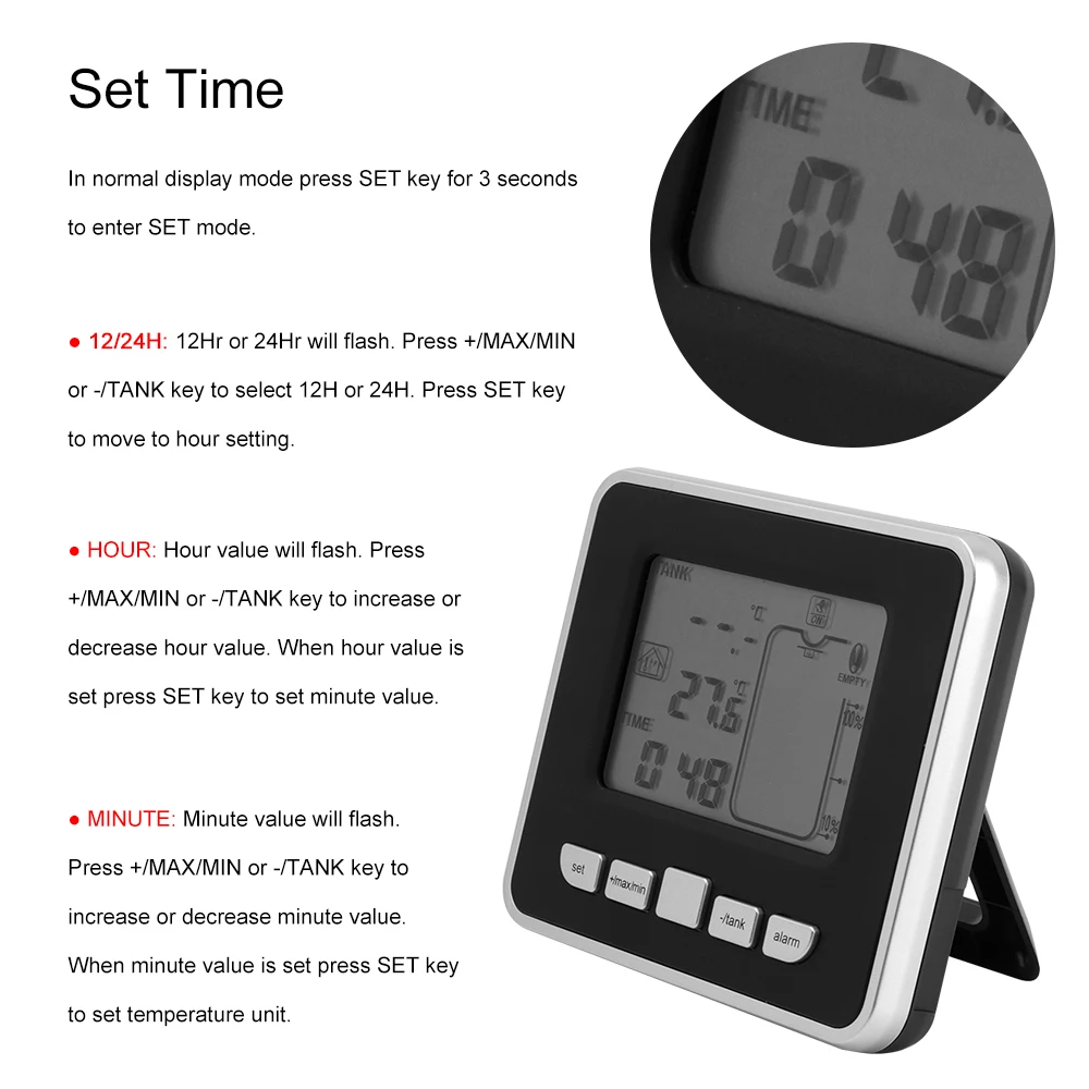 Ultrasonic Wireless Water Tank Level Meter Sensor With Temperature Time Display Alarm Liquid Depth Level Gauge Measuring Tool Ultrasonic Wireless Water Tank Level Meter Sensor With Temperature Time Display Alarm Liquid Depth Level Gauge Measuring Tool