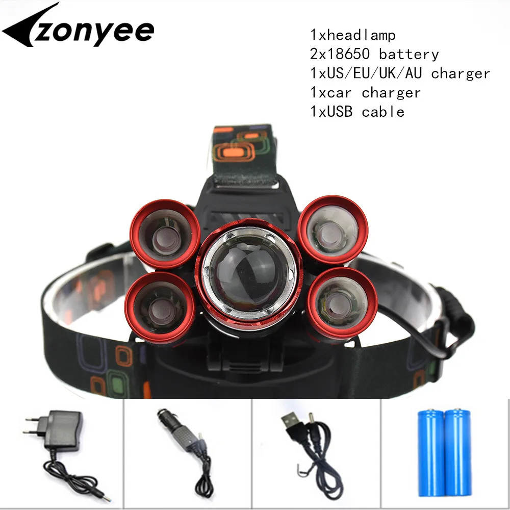 5 LED Headlamps 15000 Lumens High Power LED Headlight T6+4Q5 Camping Head Torch Zoom 4 Modes Head Lantern 2x18650 Frontal Lamp
5 LED Headlamps 15000 Lumens High Power LED Headlight T6+4Q5 Camping Head Torch Zoom 4 Modes Head Lantern 2x18650 Frontal Lamp