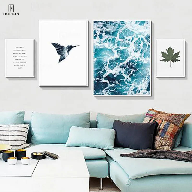 

Nordic Natural Scenery Unframed Canvas Home Decors Art Wall Paintings Of Blue Ocean Flying Bird Pictures And Green Leaf Posters