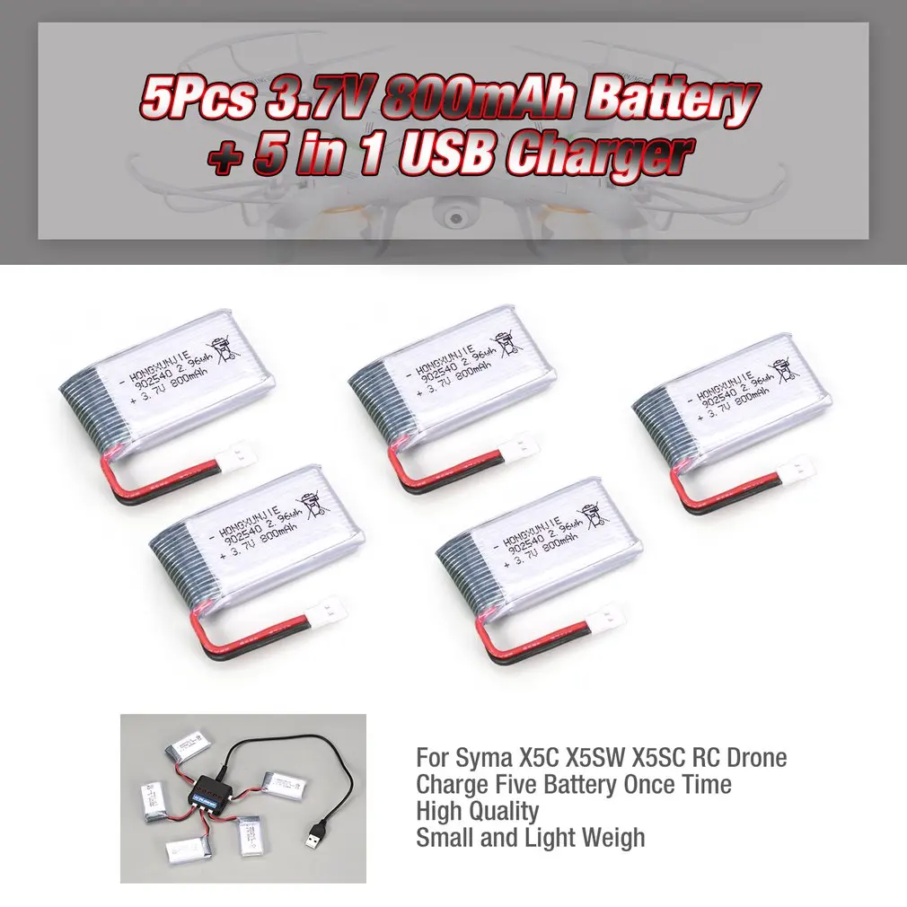 5Pcs 3.7V 800mAh Battery + 5 in 1 USB Charger for Syma X5 X5C X5SW X5SC MJX X705C RC Drone Quadcopter Spare Battery RC Parts
5Pcs 3.7V 800mAh Battery + 5 in 1 USB Charger for Syma X5 X5C X5SW X5SC MJX X705C RC Drone Quadcopter Spare Battery RC Parts