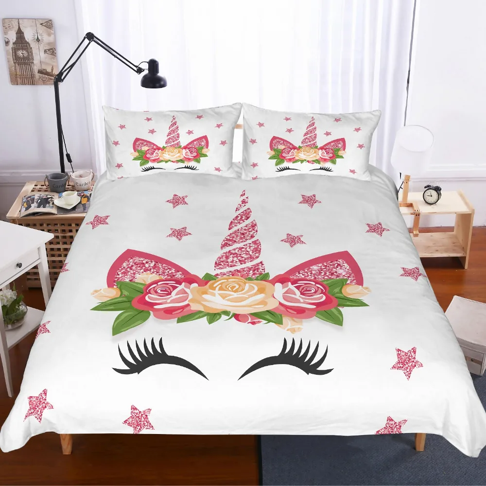 3D Pink Floral Feather Eyelashes Unicorn Head Gold Horn Pink Dots White 3 Piece 2 Pillow Sham Kids Duvet Bedding Set for Girls 
3D Pink Floral Feather Eyelashes Unicorn Head Gold Horn Pink Dots White 3 Piece 2 Pillow Sham Kids Duvet Bedding Set for Girls