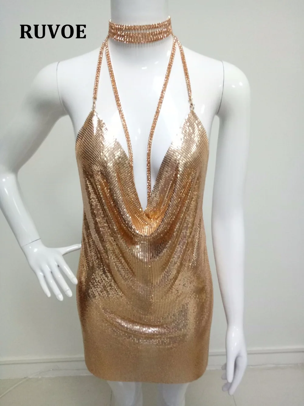Women Party Dress New Color Rose Gold Metal Elegant Club Dress Millionairess Vestidios Halter Straps Sexy Deep-V Backless H-76
Women Party Dress New Color Rose Gold Metal Elegant Club Dress Millionairess Vestidios Halter Straps Sexy Deep-V Backless H-76