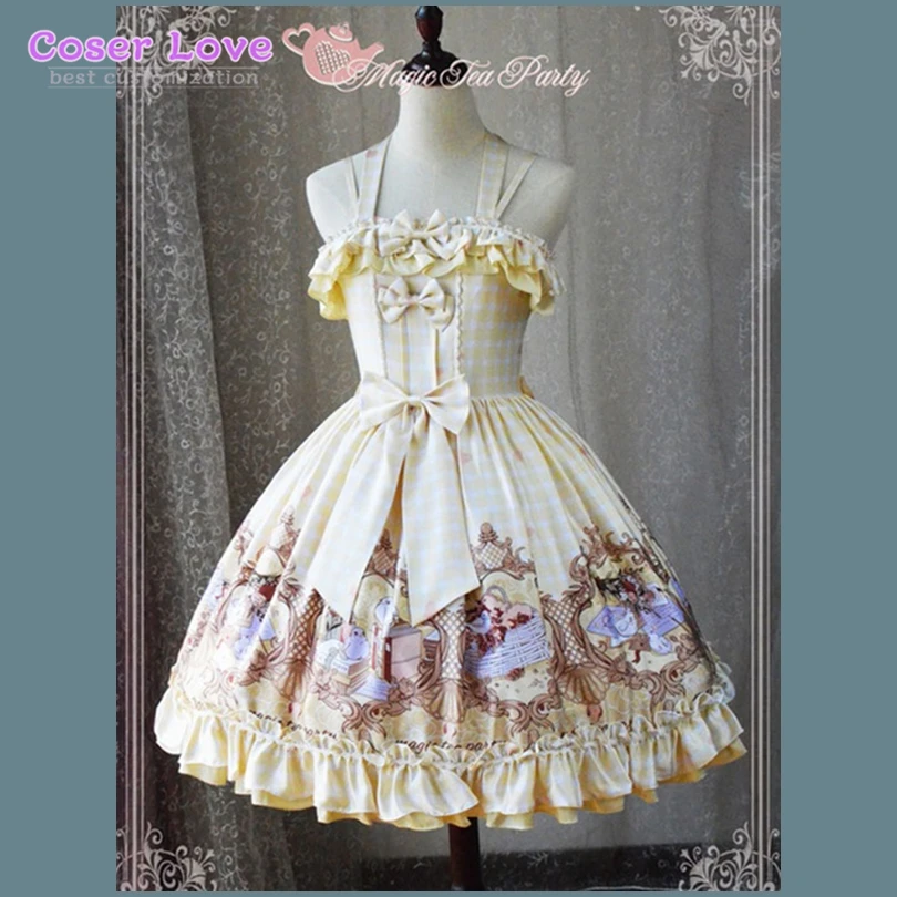 

Classic Lolita JSK Jumper Skirt Magic Tea Party Chiffon Sleeveless Bows Ruffles Frills Birds Printed Daffodil Lolita Dress !