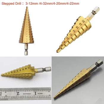 Titanium Coated Stepped Drill Bits 1/4 Hex Handle Mini Drill Bit Wood PCB Metal Drilling Power Tool 3-12mm 4-32mm 4-20mm 4-22MM
Titanium Coated Stepped Drill Bits 1/4 Hex Handle Mini Drill Bit Wood PCB Metal Drilling Power Tool 3-12mm 4-32mm 4-20mm 4-22MM