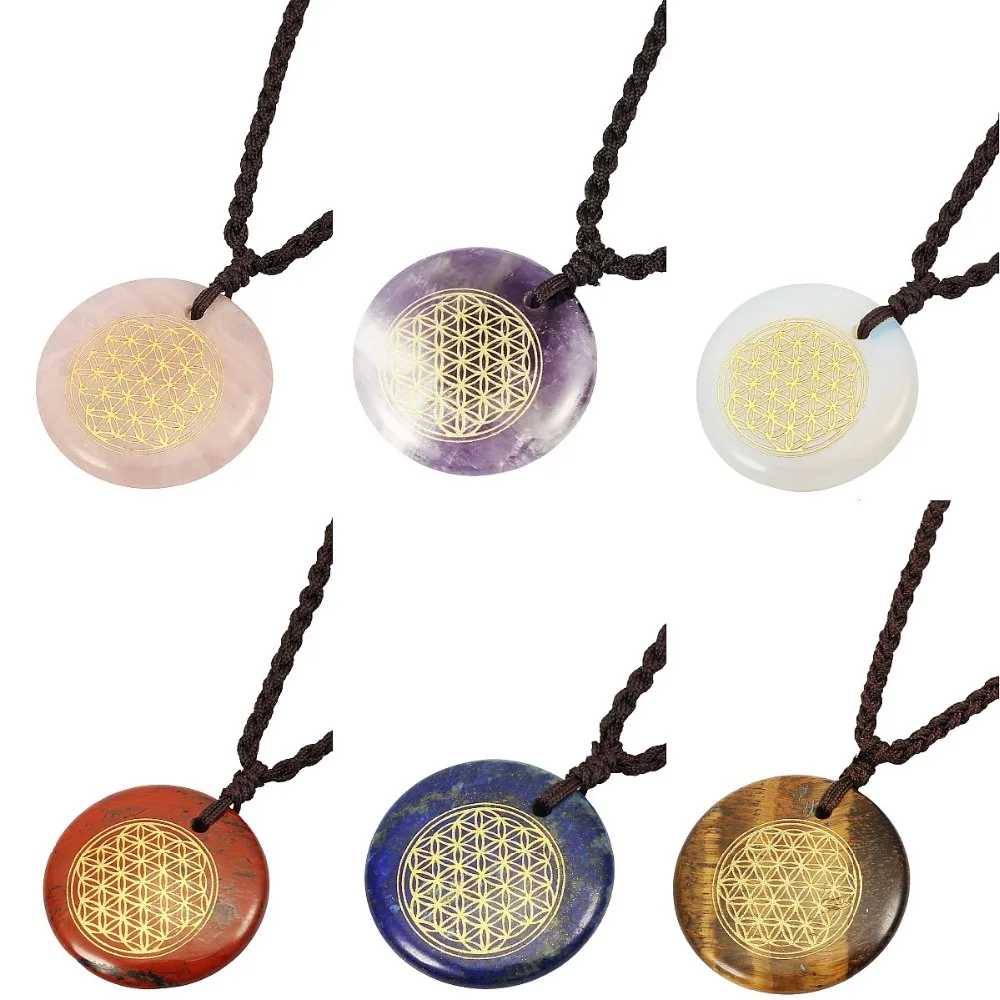 TUMBEELLUWA Healing Stone Engraved Flower of Life Pendant Necklace Adjustable Nylon Cord | Украшения и аксессуары