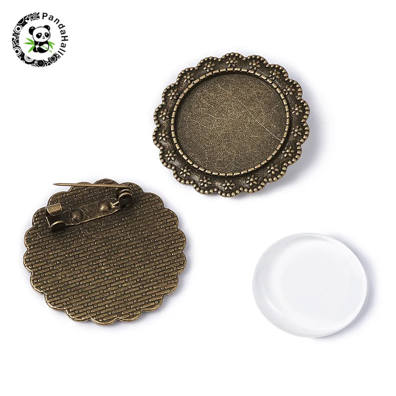 25mm Transparent Glass Cabochons and Vintage Alloy Flower Brooch Bases Bezel Settings DIY Making, Nickel Free, Antique Bronze
25mm Transparent Glass Cabochons and Vintage Alloy Flower Brooch Bases Bezel Settings DIY Making, Nickel Free, Antique Bronze