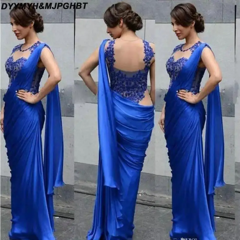 Elegant Royal Blue Evening Dresses Lace Appliques Chiffon Prom Dresses Vestido De Festa Pleated Muslim Evening Gowns_