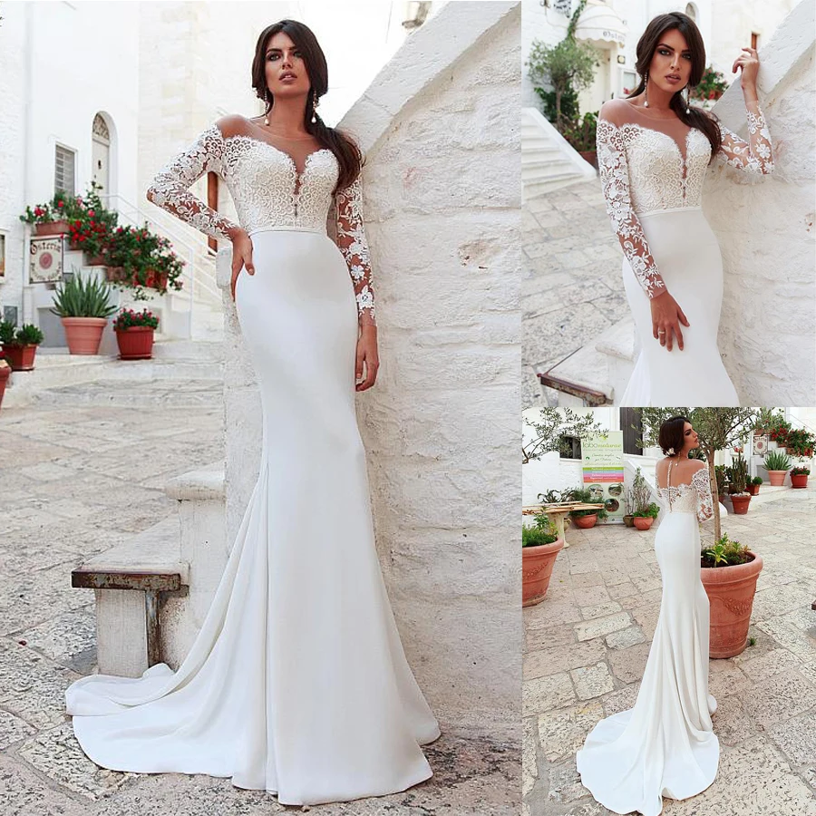 Amazing Tulle & Four Way Spandex Scoop Neckline Mermaid Wedding Dress With Lace Appliques Long Sleeves Bridal Dresses
Amazing Tulle & Four Way Spandex Scoop Neckline Mermaid Wedding Dress With Lace Appliques Long Sleeves Bridal Dresses