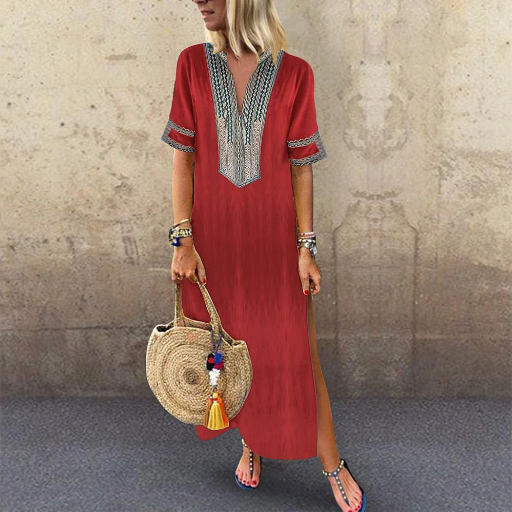 Women Beach Boho Long Loose Dress Holiday V-Neck Short Sleeve Slit Dress 2019 Summer Folk Print Maxi Dress Vestido Plus Size
Women Beach Boho Long Loose Dress Holiday V-Neck Short Sleeve Slit Dress 2019 Summer Folk Print Maxi Dress Vestido Plus Size