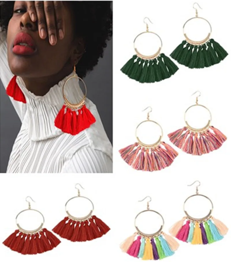 

2019 Colors round dangling pendant Drop earrings woman fabric tassel earring ethnic bohemian fantasy fringed boucles d'oreille