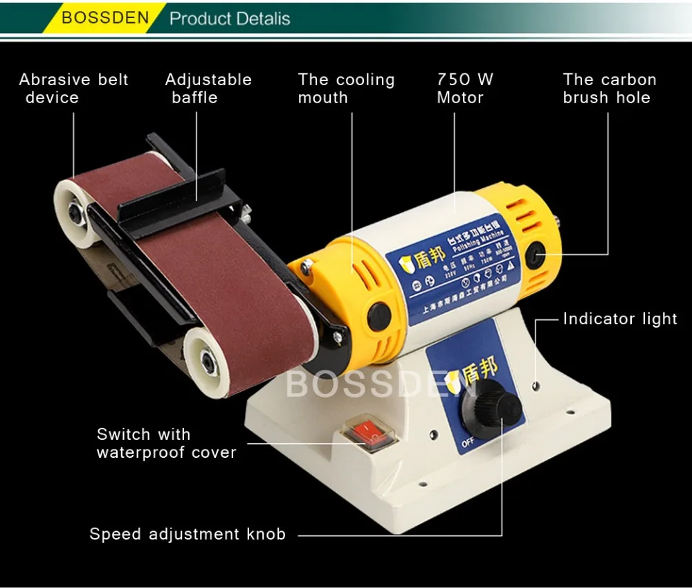 BOSSDEN 220V Multi-function Electric Sanding Paper Belt Polishing Mchine Woodworking Metal Jade Grinding Machine
BOSSDEN 220V Multi-function Electric Sanding Paper Belt Polishing Mchine Woodworking Metal Jade Grinding Machine