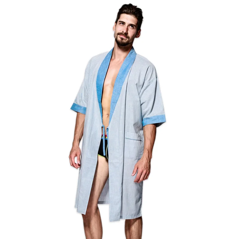 

Male 100% Cotton Spa bathrobes men summer casual striped kimono robes loose couples pyjama Sauna robe sleepwear Unisex Plus Size