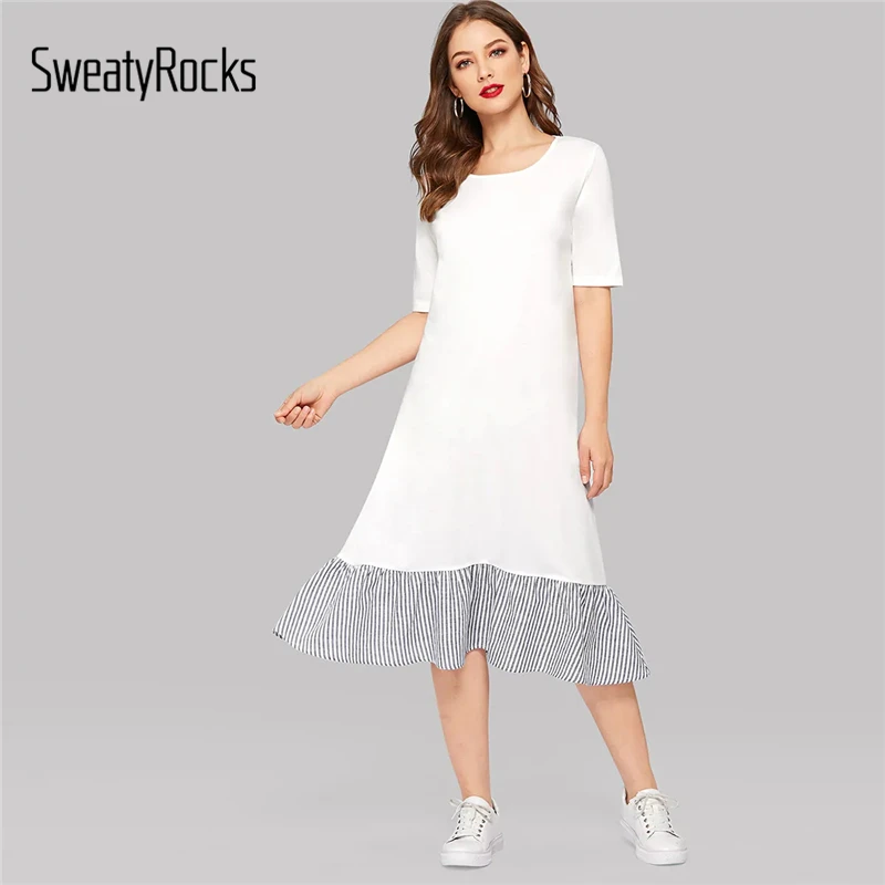 SweatyRocks Striped Ruffle Hem Tee Dress Women Fit and Flare Long White Dresses 2019 Summer Streetwear Drop Waist Casual Dress
SweatyRocks Striped Ruffle Hem Tee Dress Women Fit and Flare Long White Dresses 2019 Summer Streetwear Drop Waist Casual Dress